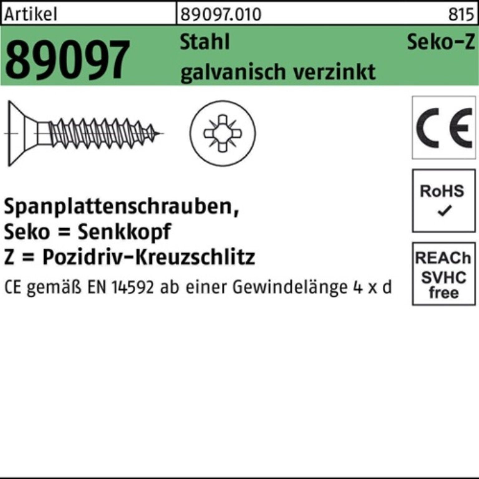 Reyher Spanplattenschraube 1000er Pack Spanplattenschraube R 89097 SEKO PZ VG 5x25-Z Stahl galv.v