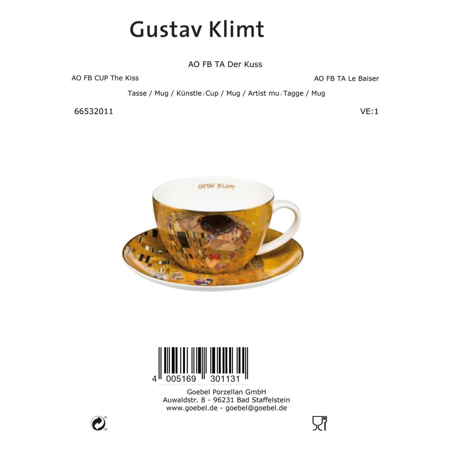 Goebel Tasse Gustav Klimt, Porzellan, Spülmaschinengeeignet, Mehrfarbig, Der Kuss, H: 7cm