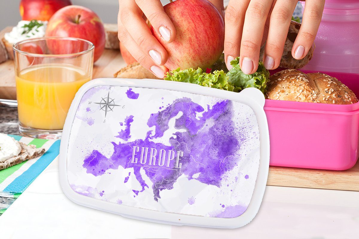 Weltkarte MuchoWow für Europa rosa (2-tlg), Brotbox Brotdose Snackbox, - - Kinder, Farbe, Erwachsene, Lunchbox Kunststoff, Kunststoff Mädchen,