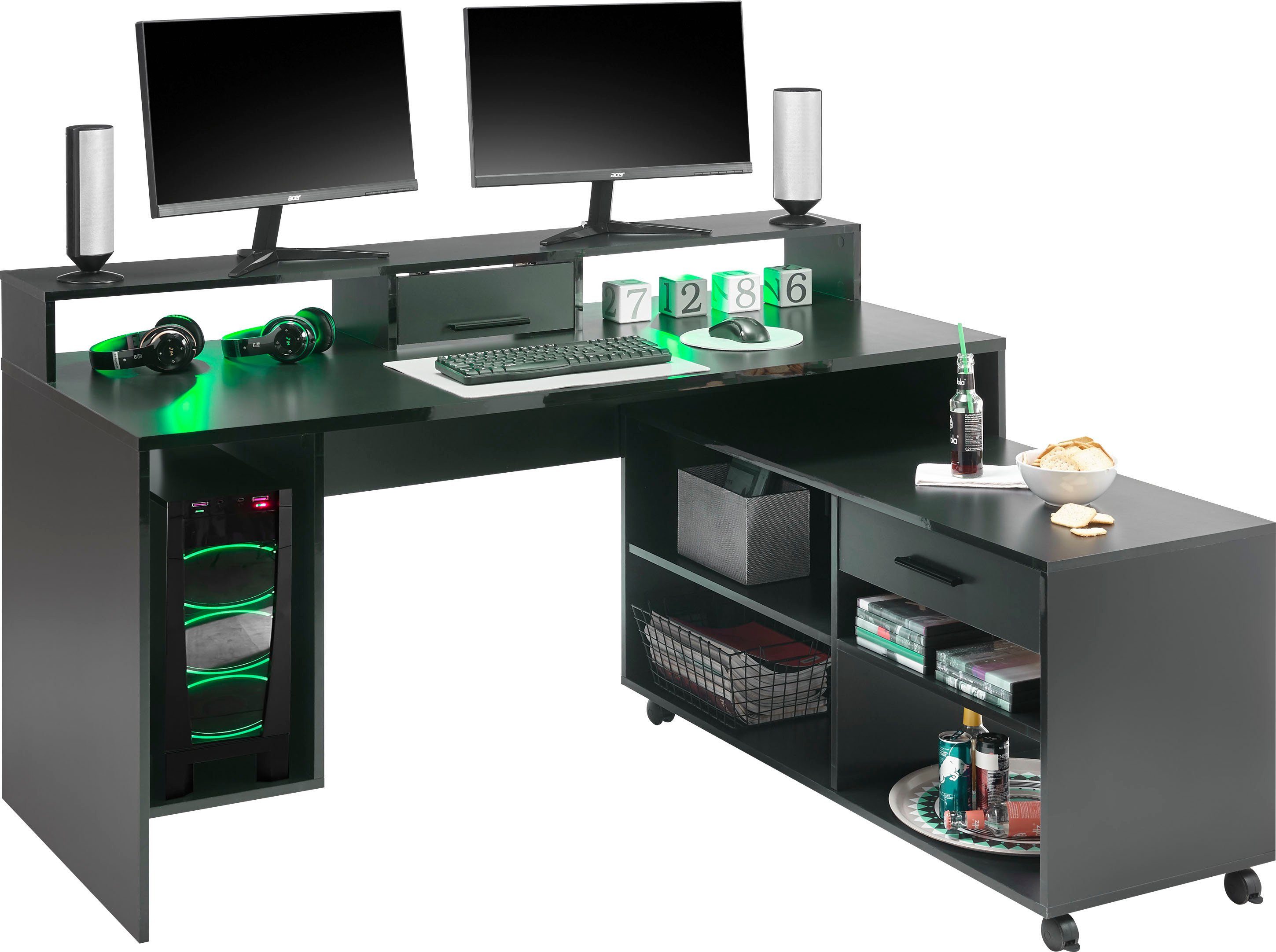 Schwarz Farbwechsel, BEGA RGB-LED OFFICE Highscore, Computertisch Gamingtisch Rollcontainer mit inkl.