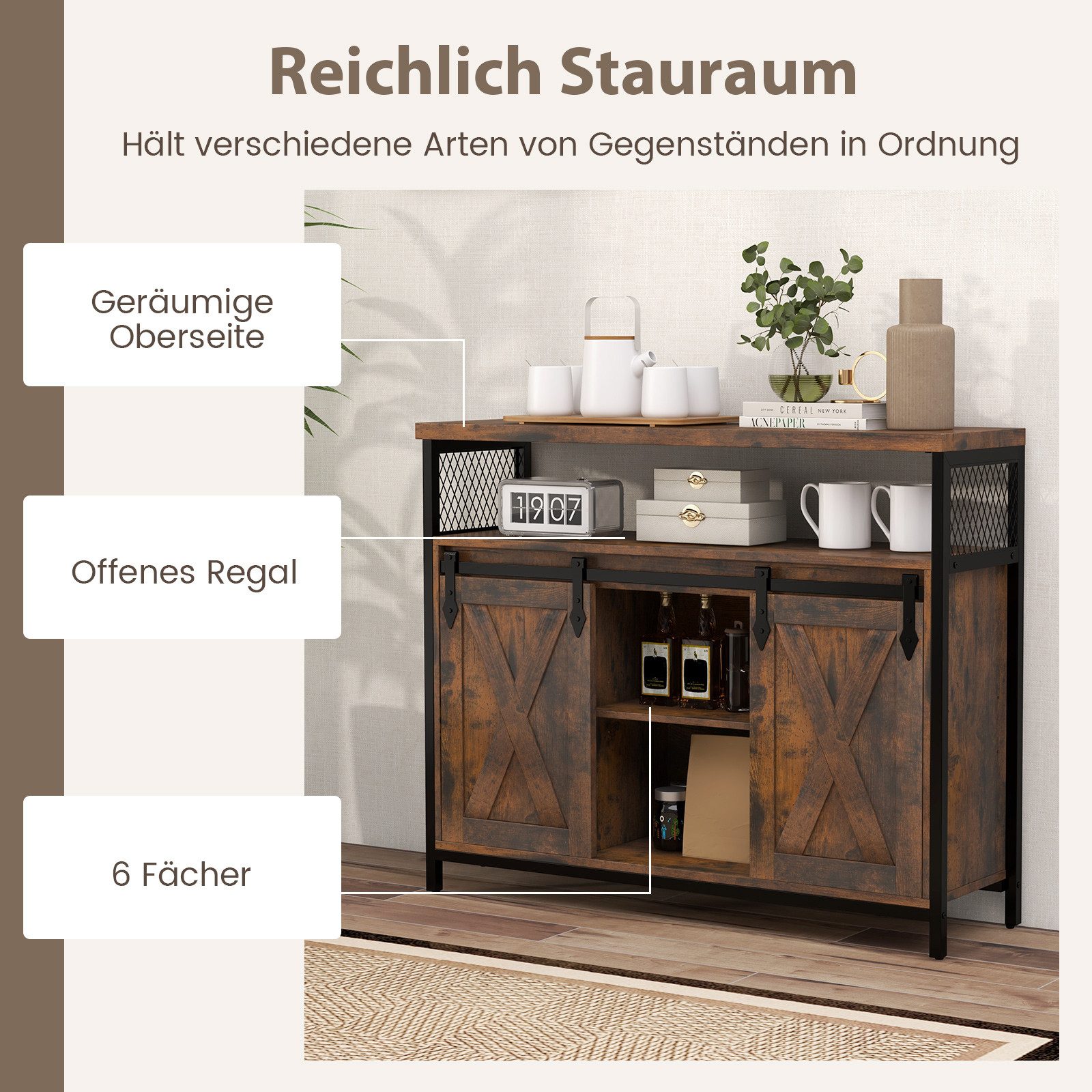 COSTWAY Sideboard, Schrank mit 2 Schiebetüren, Fächern, verstellbaren Ablagen