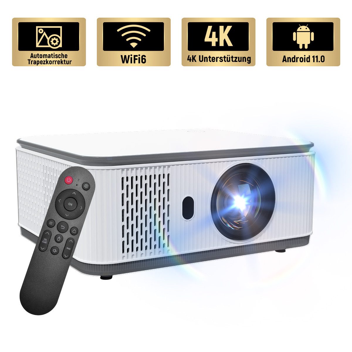 Happybe Mini Beamer 4K 1920 x 1080P, Unterstützt WiFi 6, BT 5.4 Android 11 Portabler Projektor (1920 x 1080 px, mit HDMI/USB /TV Stick, 1500:1, HIFI-Lautsprecher 4K 1080p unterstützt)