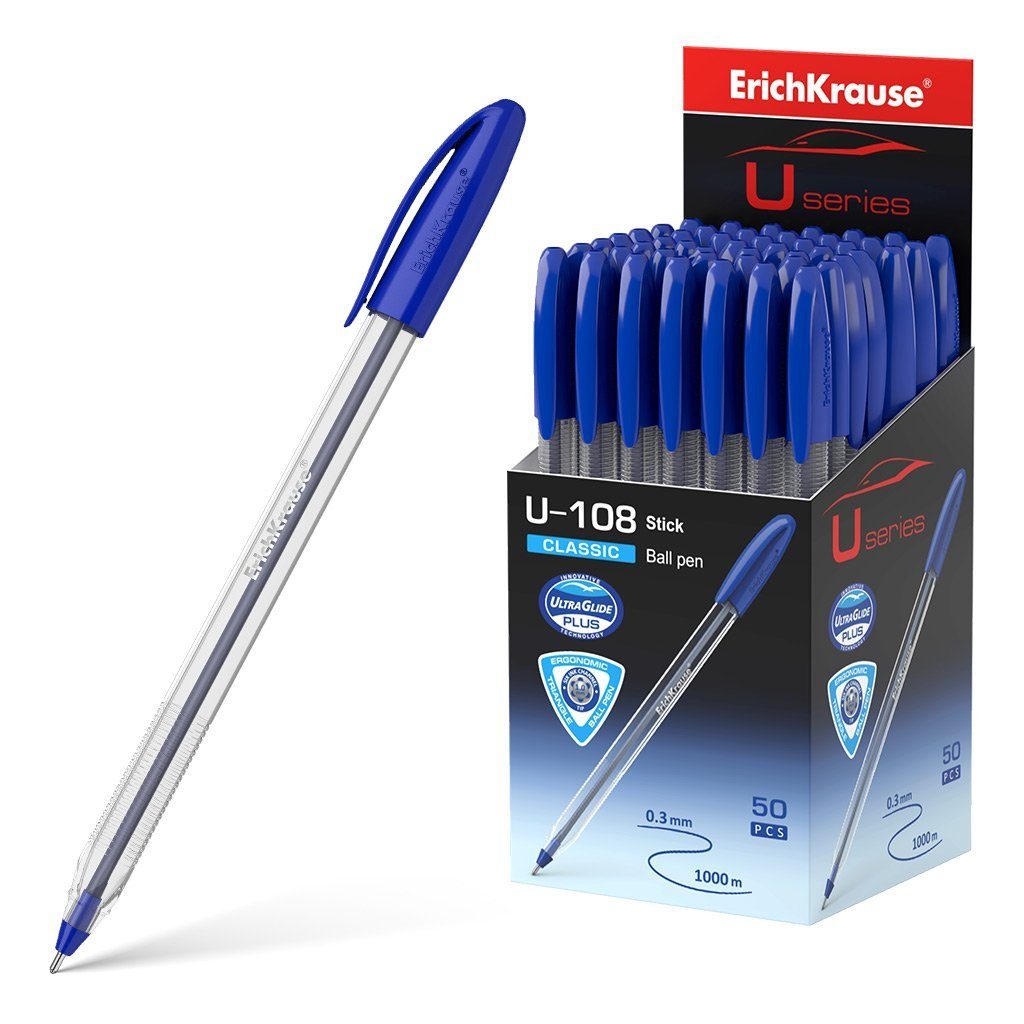 Erich Krause Kugelschreiber, Kugelschreiber U-108 Klar Stick 1.0 Kunststoff 50er Pack Tinte Blau