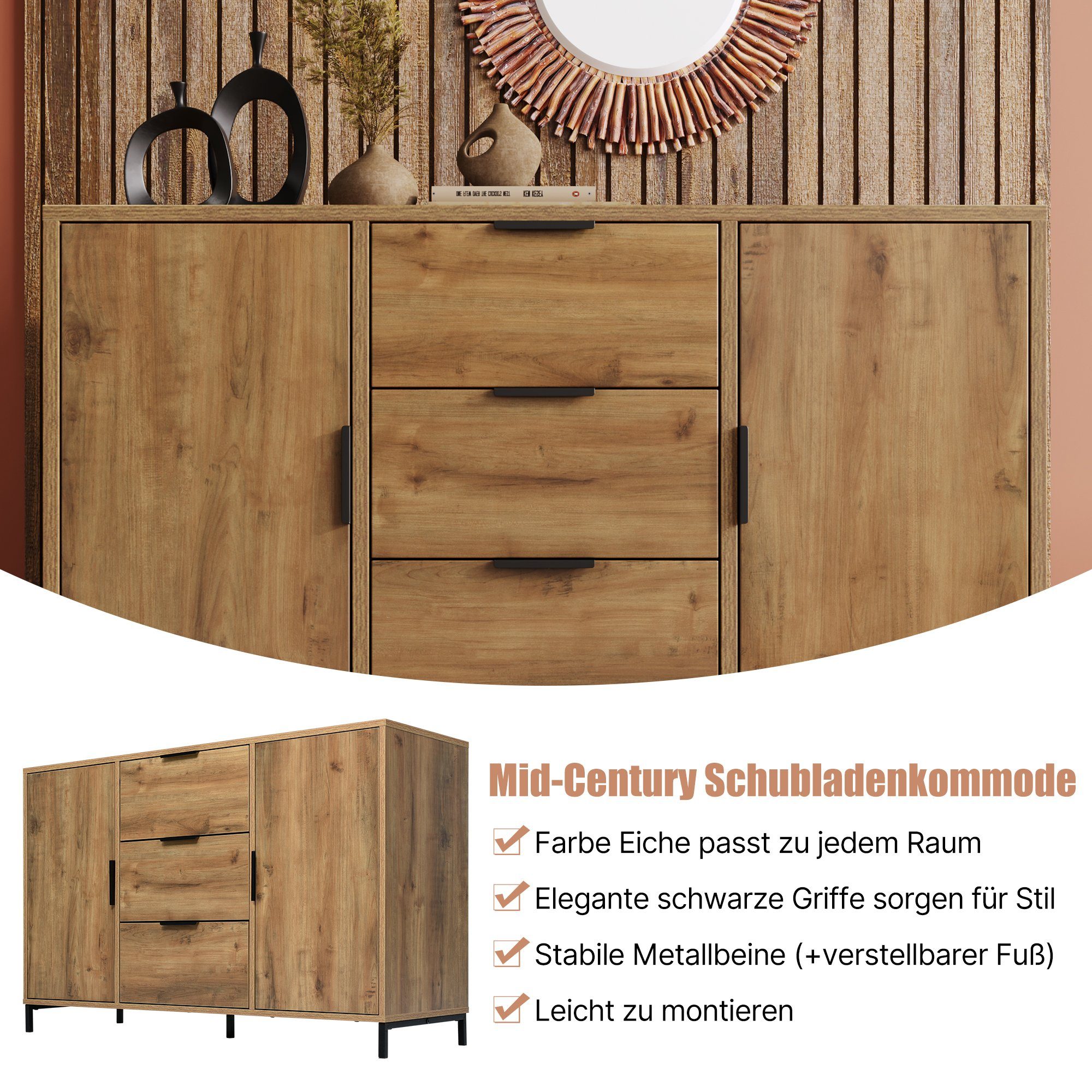 und Schlafzimmer Kommode 2 Verstellbare HAUSS & Kommode 3 für Ablage, Schubladenkommode, Sideboard SPLOE Schubladen), Türen Sideboard (mit Highboard Highboard