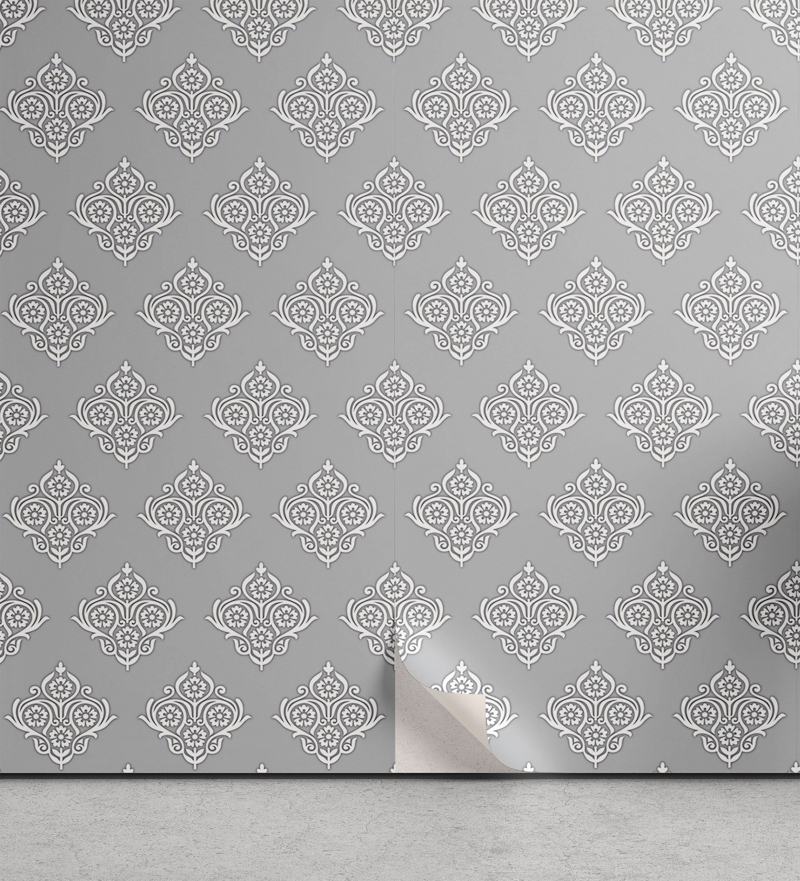 Abakuhaus Vinyltapete selbstklebendes Wohnzimmer Küchenakzent, Damast-Grau Blumen Antik-Motiv