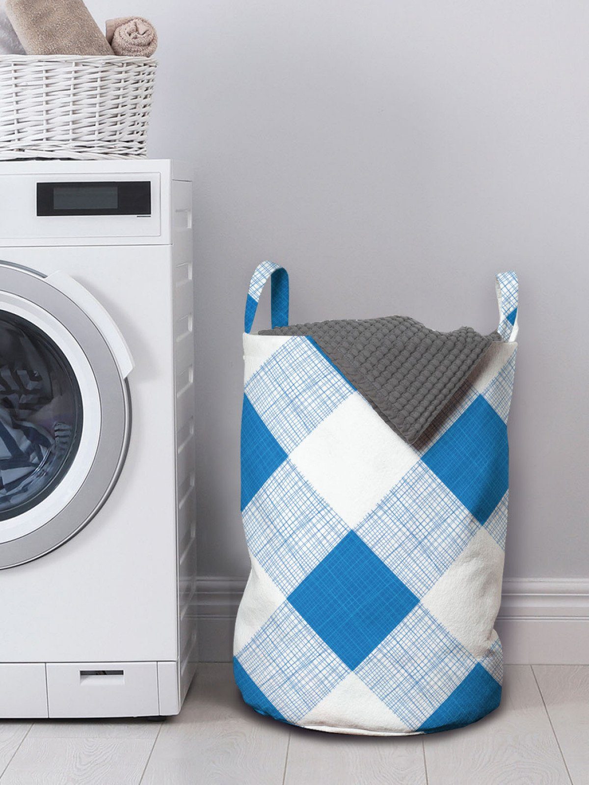 Abakuhaus Wäschesäckchen Wäschekorb mit Gitter und Waschsalons, Griffen Checkered Plaid Kordelzugverschluss Blau weiß für