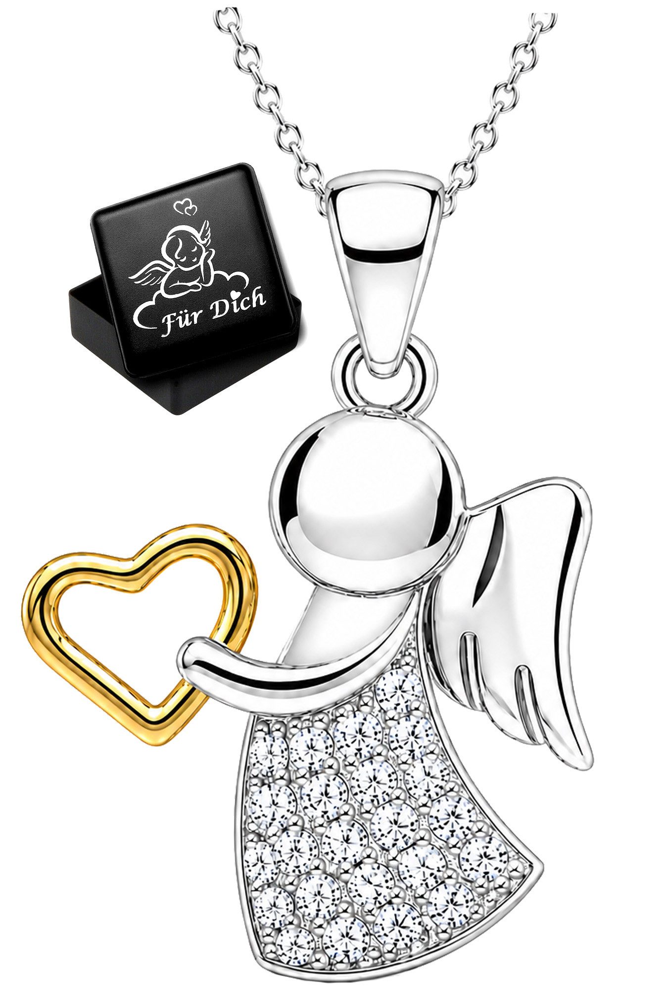 Limana Engelanhänger Schutzengel Kinder Mädchen Kette 925 Silber Herz Zirkonia Geschenk (Schmuck inkl. Dose), Geburtstag Weihnachten Einschulung Konfirmation Kommunion Ostern