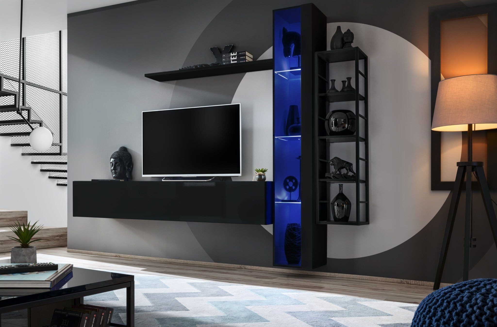 Xlmoebel Wohnwand Dunkel Wohnkombination Designer Fernsehmöbel Hängesideboard Komplett, (4-St., TV Ständer + Hänge Vitrine + 2x Wandregal), Hergestellt in Europa