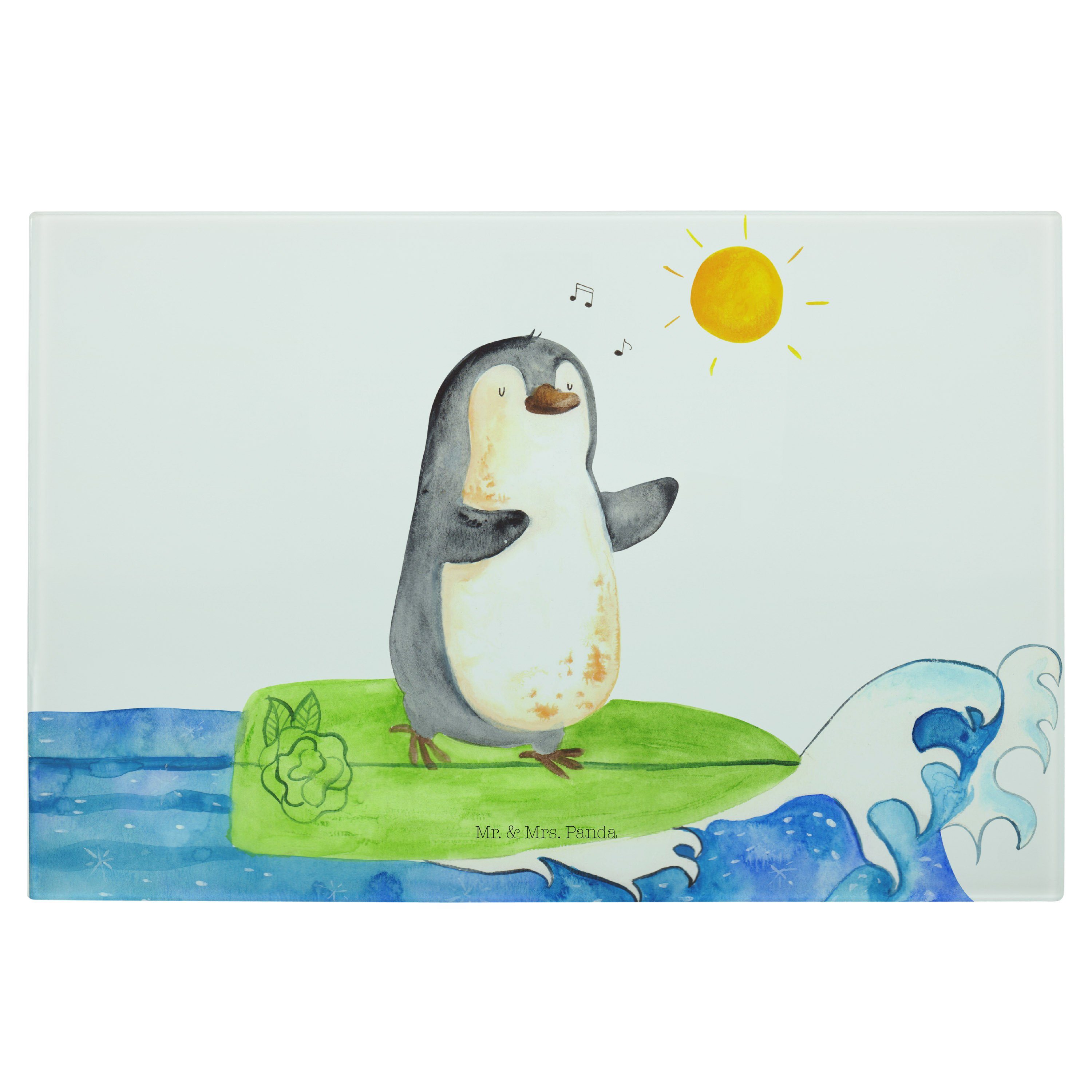 Mr. & Mrs. Panda Servierbrett Pinguin Surfer - Weiß - Geschenk, Portugal, surfen, Wellen reiten, Sc, Premium Glas, (1-St)
