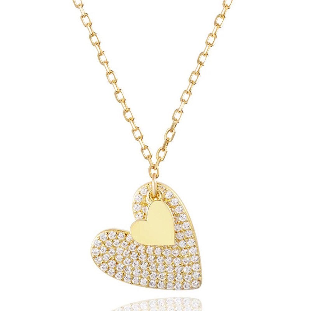 Silberkette Halskette großes Herz und mini Herz, 925er Silber, 14K Gold