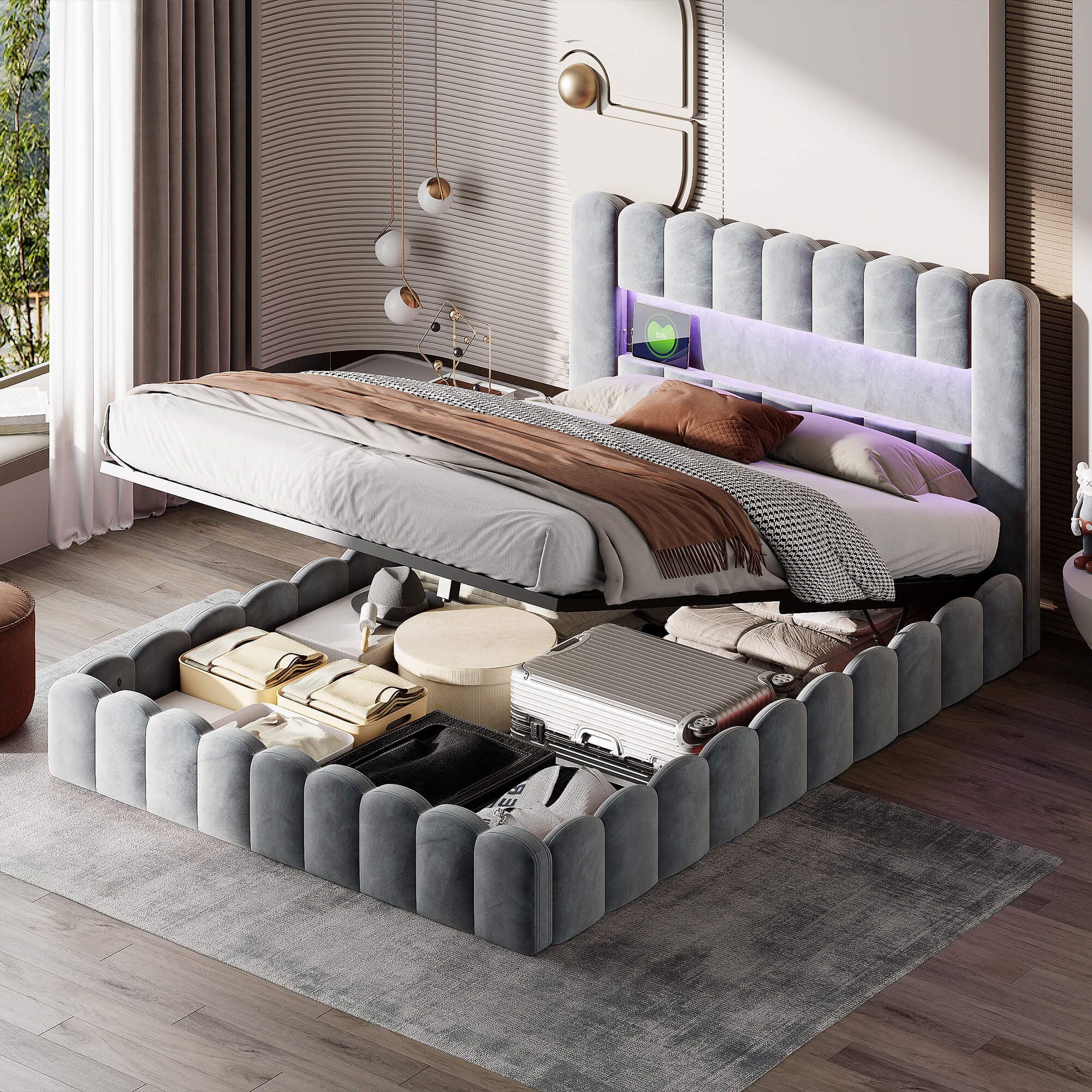 Furnishings Home Polsterbett Doppelbett 180x200cm (Bett), Hausbett, mit Bettkasten, mit LED-Licht, mit USB-Anschluss