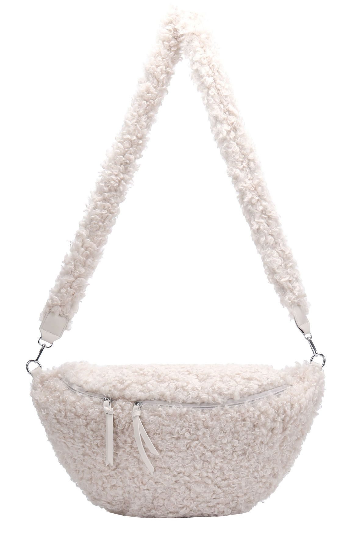 ITALYSHOP24 Schultertasche Damen XXL Teddyfell Tasche CrossBody Bauchtasche PELZTASCHE Felltasche, Body Bag Teddytasche CrossOver Umhängetasche Hüfttasche Plüsch Fell