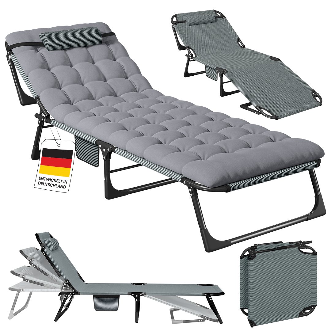 STEELSØN Gartenliege Nysaris klappbare Sonnenliege mit Polsterauflage, grau, 1 St., Outdoor-Liegestuhl wetterfest, platzsparende Campingliege