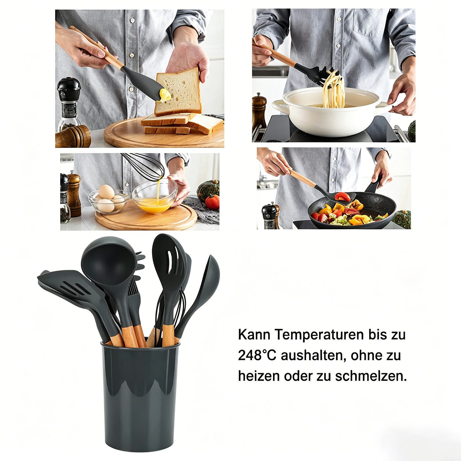 ibettertec Kochbesteck-Set Küchenhelfer Set, 12-teiliges Silikon Kochutensilien Kochbesteck Set, Antihaft Kochset Küchenutensilien, Spülmaschinenfest
