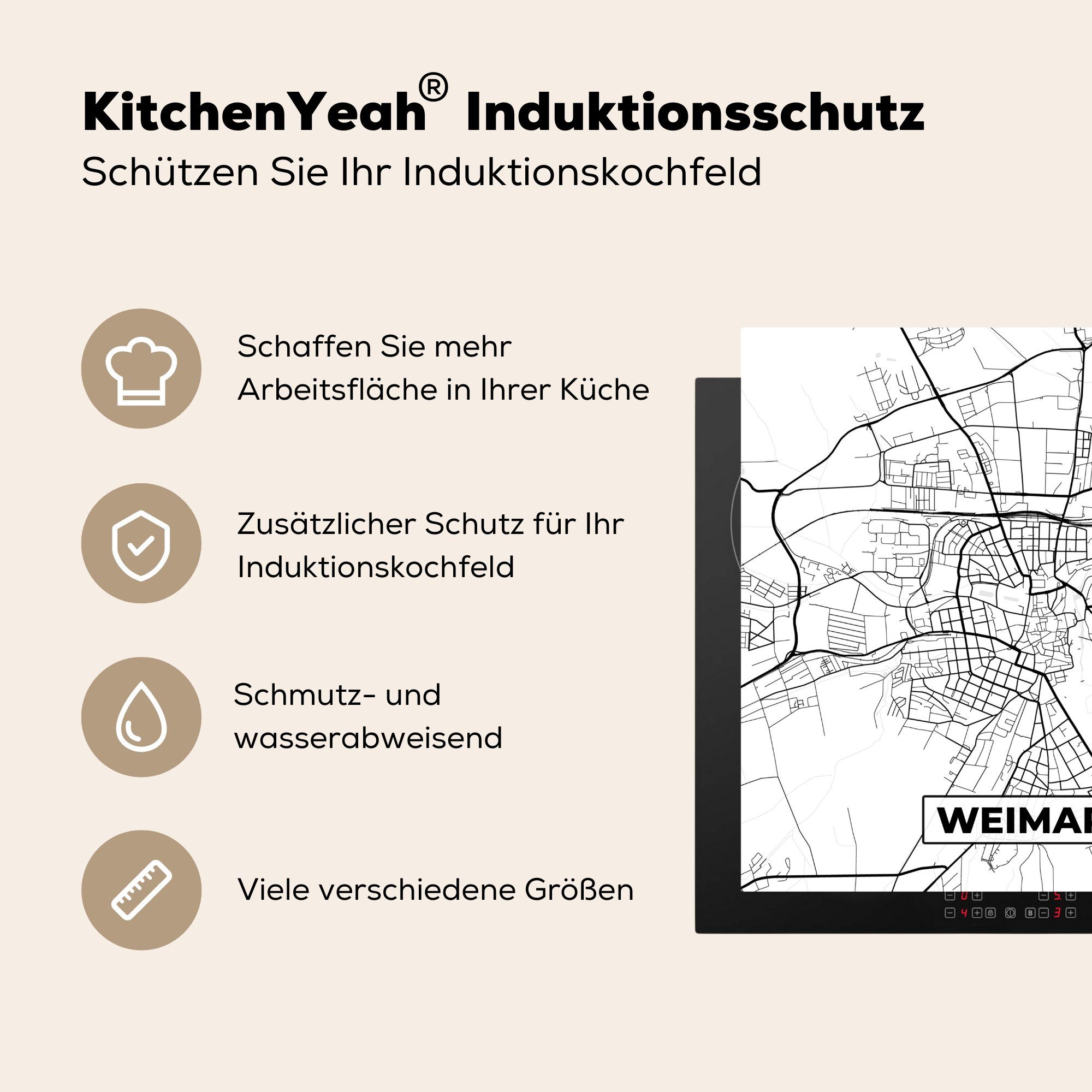MuchoWow Herdblende-/Abdeckplatte Karte Vinyl, für Weimar (1 - tlg), 78x78 küche Ceranfeldabdeckung, cm, - Arbeitsplatte Stadtplan
