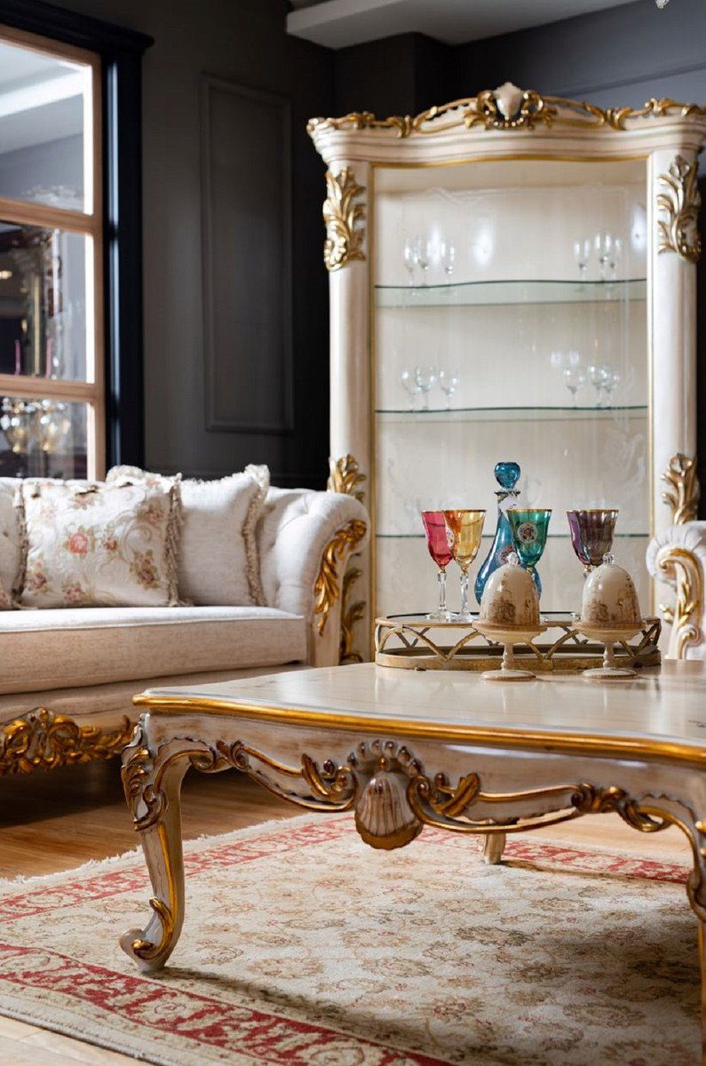 Beige Möbel Glastür Vitrinenschrank Vitrine Gold Handgefertigter - - Casa / Vitrine Barock Massivholz Weiß mit Padrino Barock / Luxus
