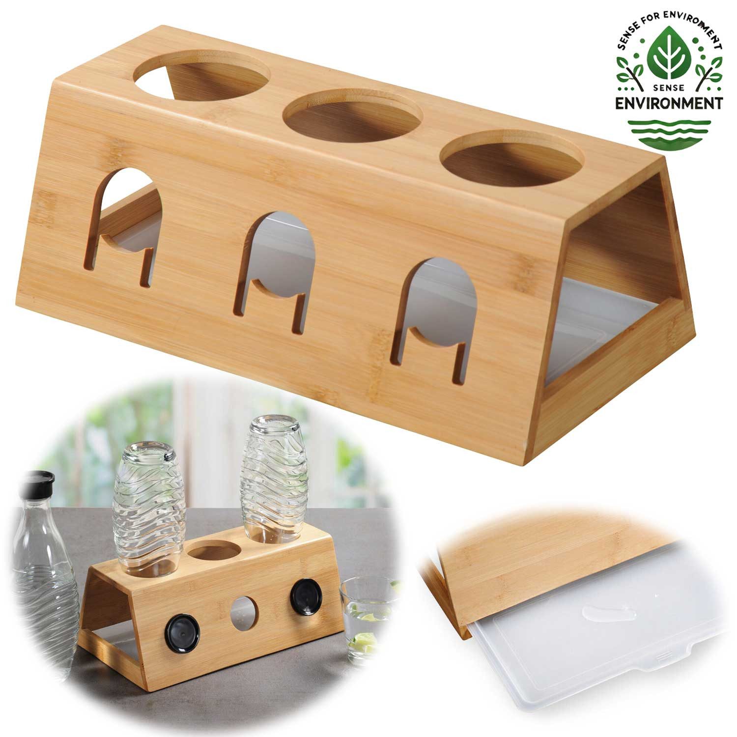 LS-LebenStil Flaschenhalter Holz Flaschenständer Bambus passend für 3 Sodastream Flaschen Abtropfs, (FSC Flaschenhalter - mit Abtropfwanne / Abtropfschale ausziehbar -, 1-St., 3-Fach Flaschenständer Abtropfständer Abtropfgestell), Ständer für Glasflaschen Wassersprudler