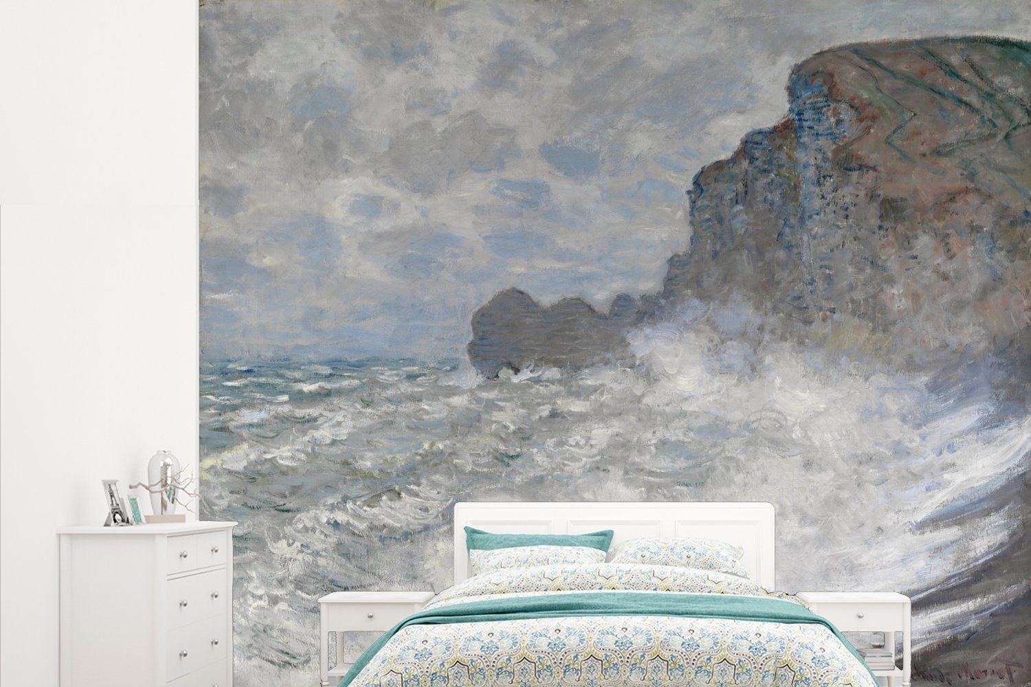 MuchoWow Fototapete Raues Wetter in Etretat - Das Gemälde von Claude Monet, Matt, bedruckt, (5 St), Vliestapete für Wohnzimmer Schlafzimmer Küche, Fototapete