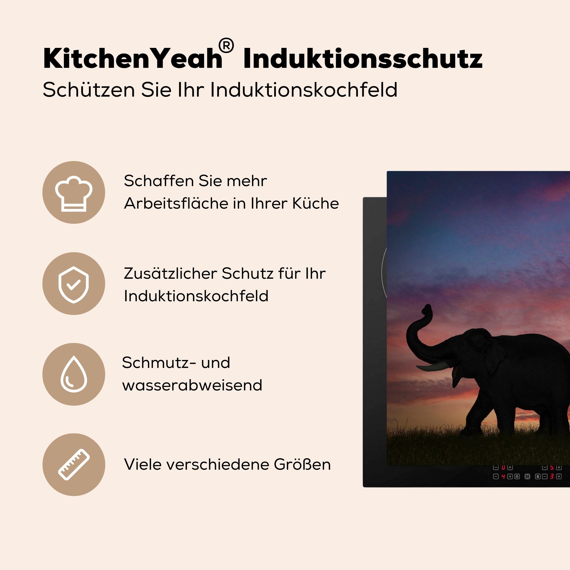 - Elefanten Sonnenuntergang küche (1 - Ceranfeldabdeckung, 83x51 Silhouette, cm, für tlg), Vinyl, Herdblende-/Abdeckplatte Arbeitsplatte MuchoWow
