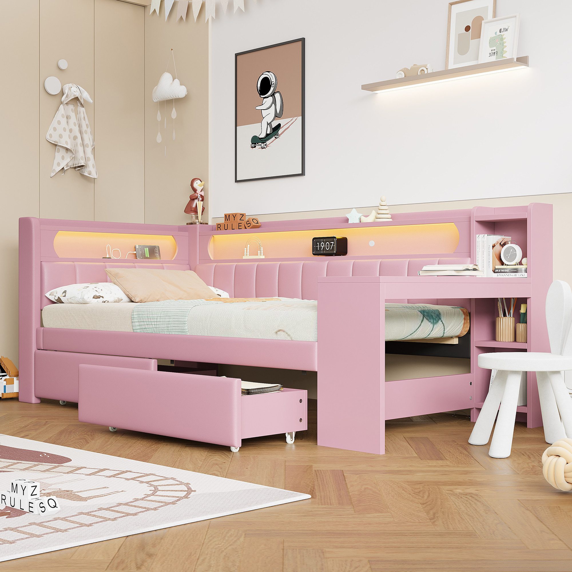 Flieks Daybett, Polsterbett 90x200cm mit 2 Schubladen, USB, LED und Schreibtisch