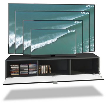 Vladon Lowboard Lana (TV-Kommode, mit Klappe dahinter 3 Fächer), Schwarz matt/Marmor Graphit (140 x 29 x 37 cm)