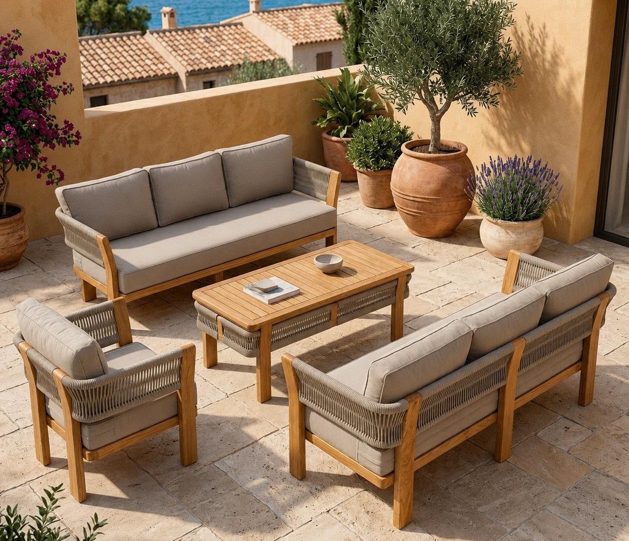 Xlmoebel Gartenlounge-Set Gartenlounge Set 3-Sitzer sofa Sessel Beige Kissen Elegant Couchtisch, (Gartenlounge-Set, 4-tlg., 4-tlg)