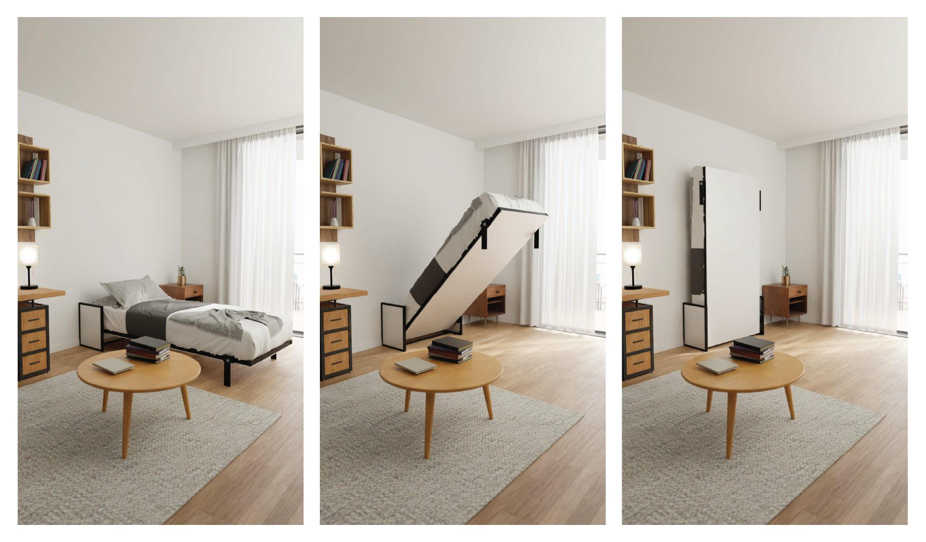 WallBedKing Schrankbett Schrankbett Morphy Horizontal Studio Klappbett - Multifunktion