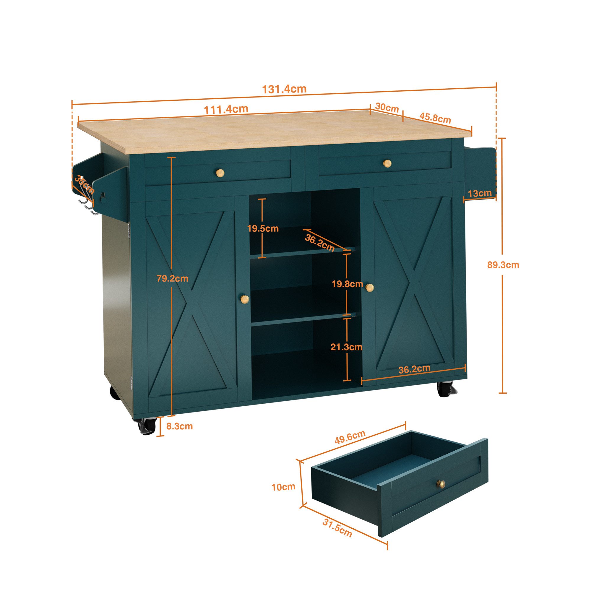 HOLTICO Küchenwagen mit abklappbarer Arbeitsplatte, Kücheninsel auf Rädern, günstig online kaufen