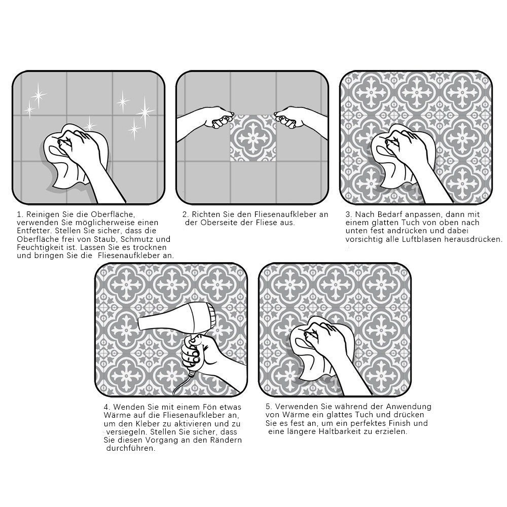 COOL-i ® Fliesenaufkleber, 10 stück PVC Fliesenaufkleber, Selbstklebende (10x10 cm, 15x15 cm)