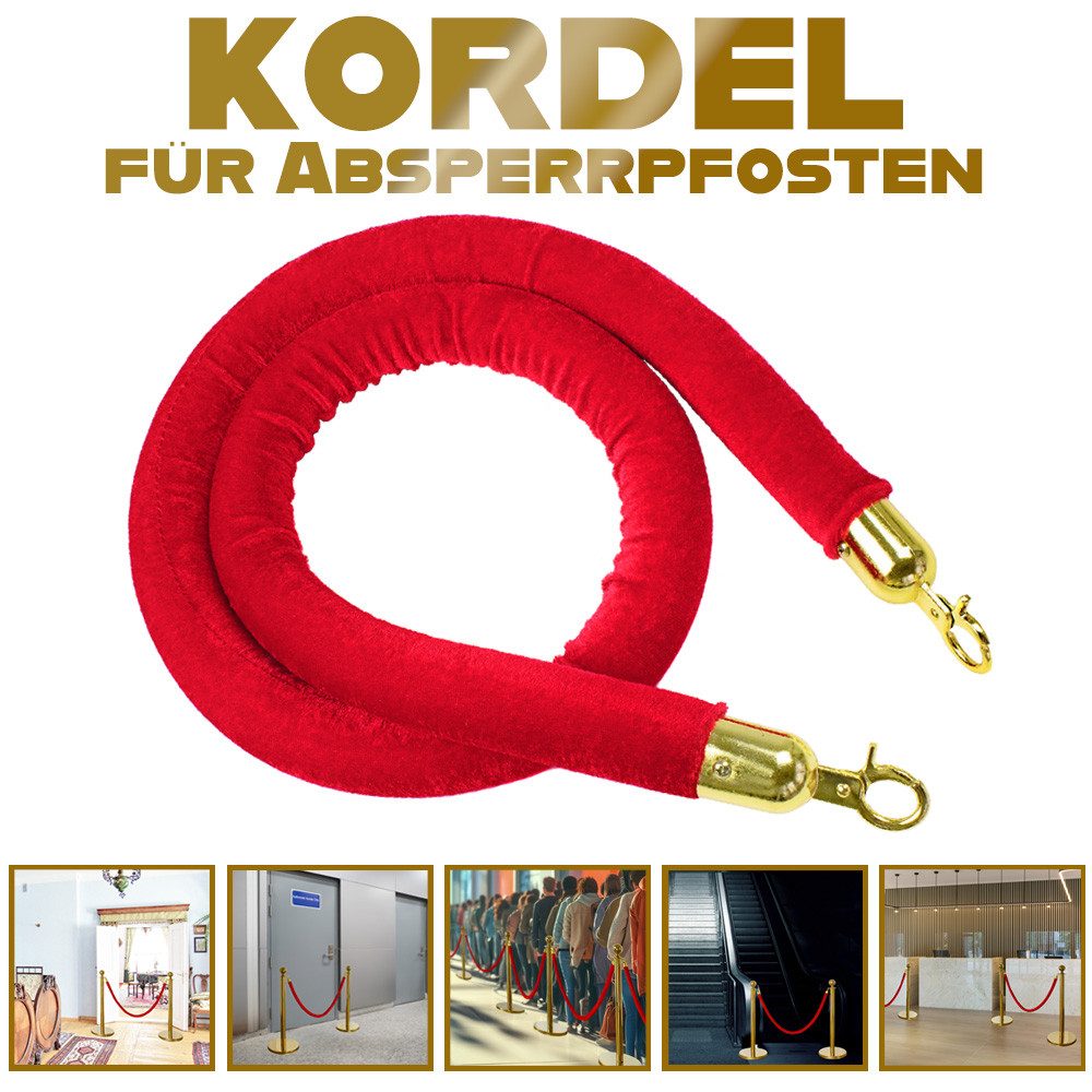 V2Aox Absperrpfosten Absperrkordel 1,50 m Karabinern Samtkordel Personenleitsystem Gold Rot