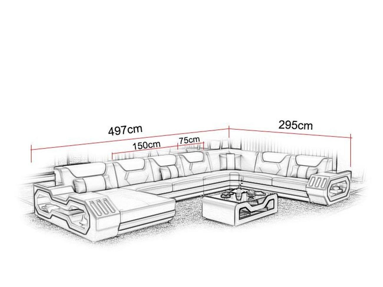 JVmoebel Wohnzimmer-Set, Ecksofa U-Form Couchtisch Grau Leder Schwarz/Silber Polster Couch Modern Design