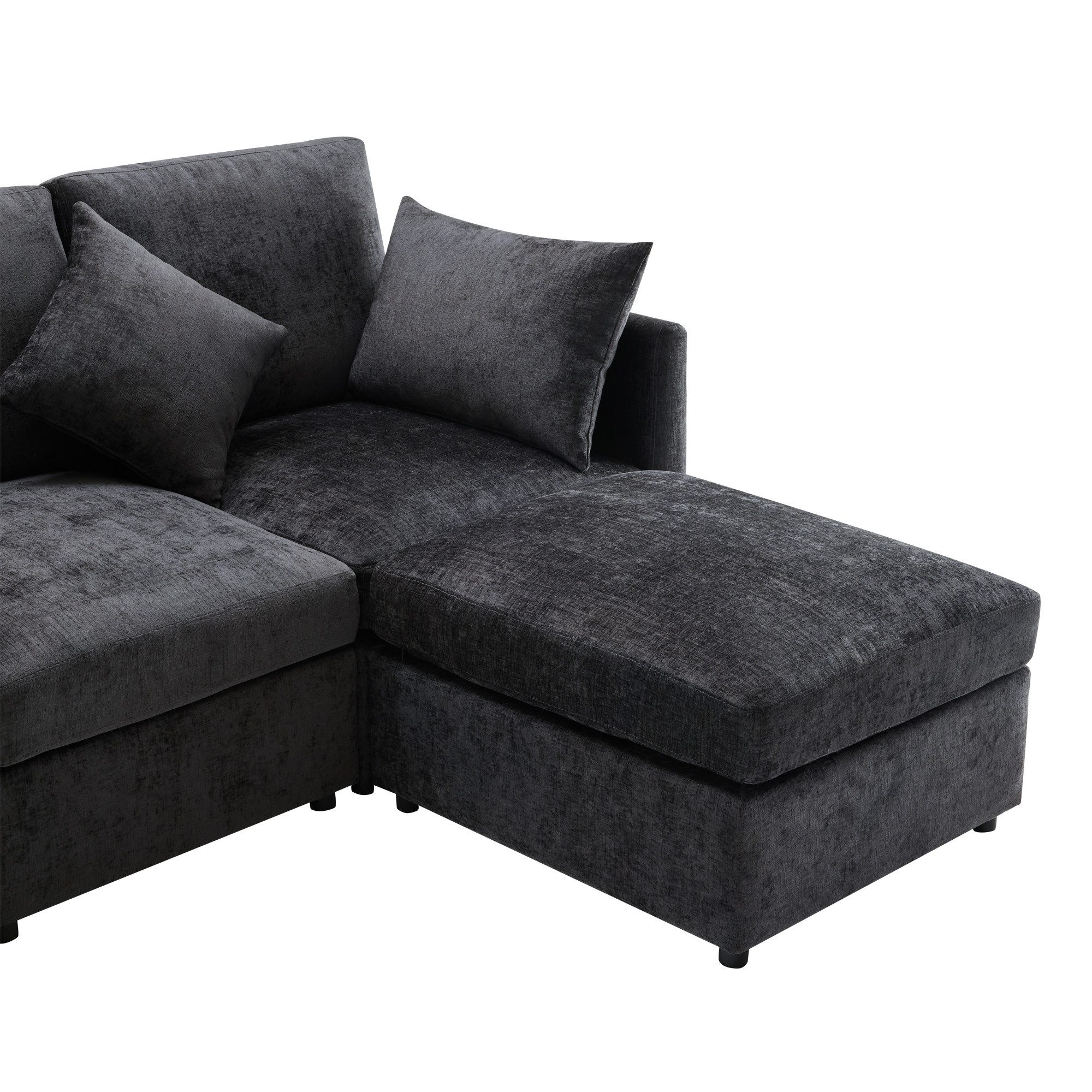 Merax Ecksofa mit Fußhocker und 4 Kissen, 3-Sitzer Sofagarnitur, modulare Couch aus Chenille-Stoff