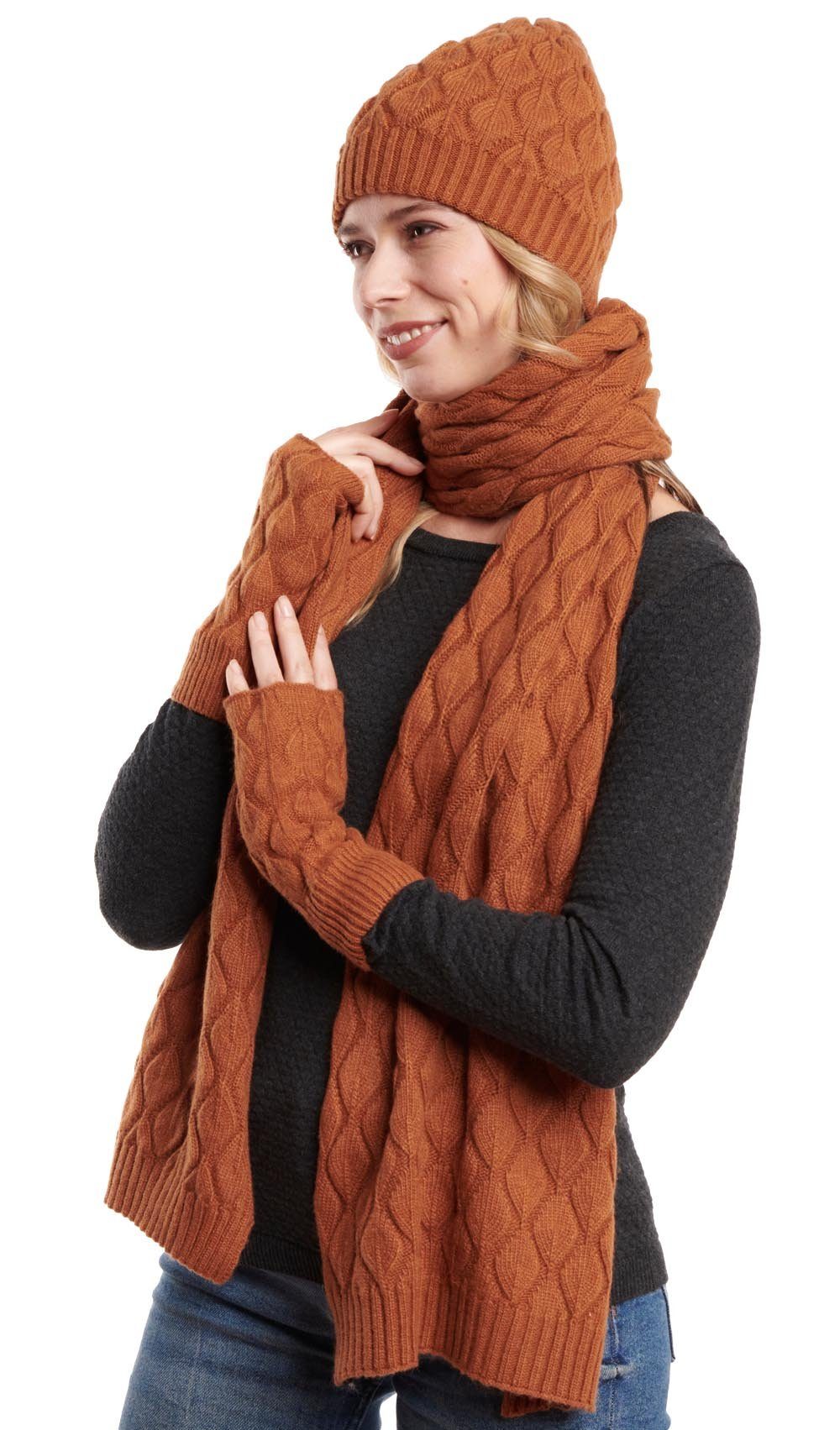 Hilltop Strickmütze Apricot für Handwärmer und Mütze Schal, Winterset aus Damen