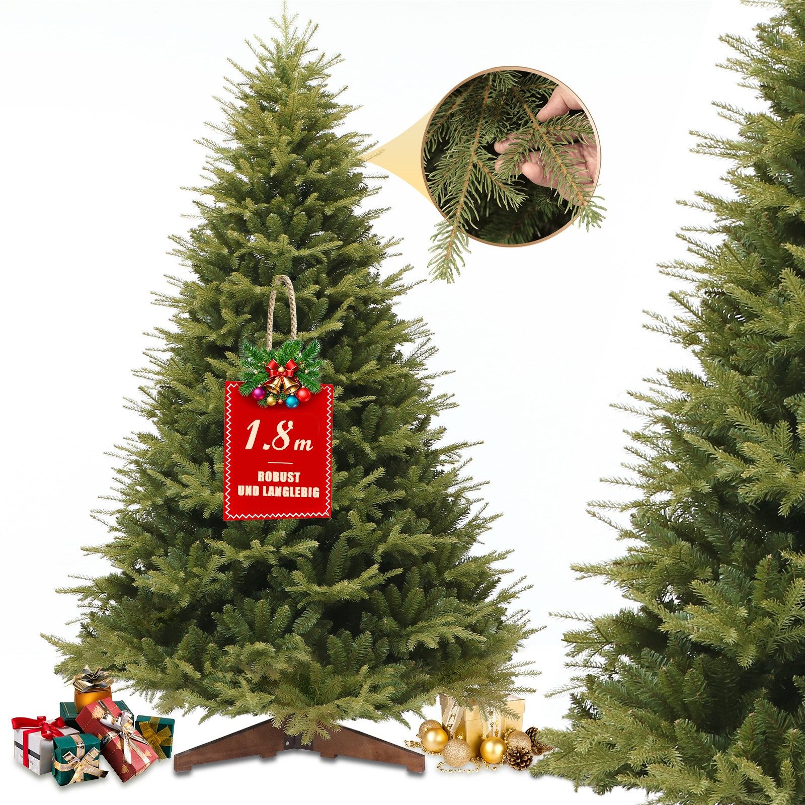STANBOW Künstlicher Weihnachtsbaum Premium Weihnachtsbaum [1.5m/1.8m/2.1m] - Naturgetreue Nordmanntanne, Holzständer, Schnellaufbau Klappsystem, Mehrjährige Nutzung