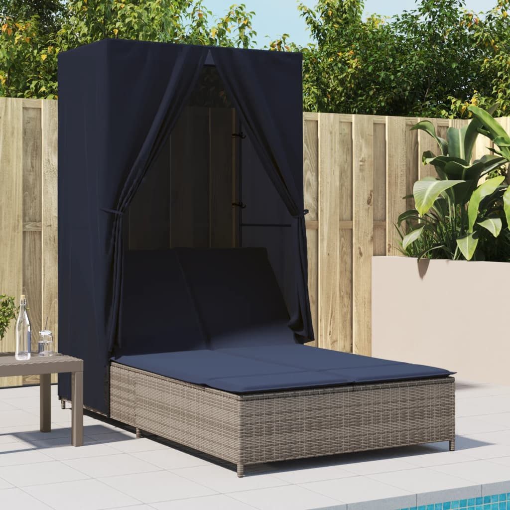 vidaXL Gartenliege Doppel-Sonnenliege mit Dach und Vorhängen Grau Poly Rattan, 1 St.
