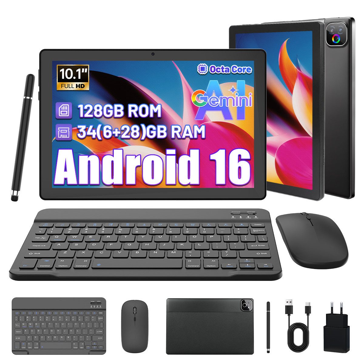 Happybe 10,1'' Octa-Core, 6000 mAh, HD 1280x800, 34GB/36GB RAM, 128GB/256GB Tablet (10.1", Android, Android 16, Gemini KI-Assistent, Widevine L1)