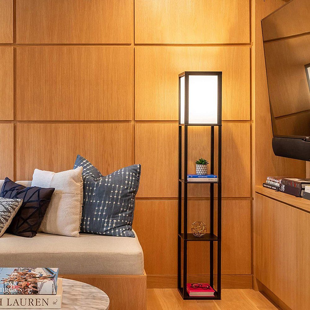 aus Holz, Wohnzimmer, Stehleuchte Regal mit Stehlampe LED Moderne Stehlampe MUPOO