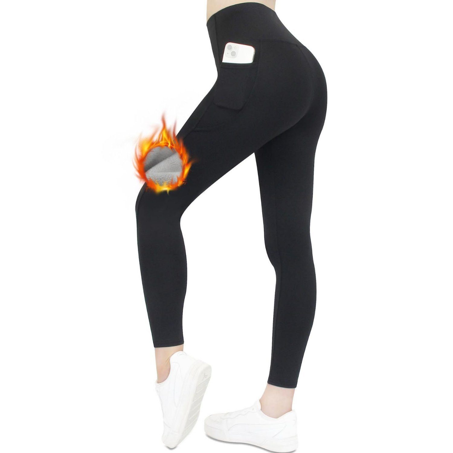 Frentree Thermoleggings High Schwarz Kuschelig mit Waist Strumpfhose Leggings Warm mit Gefütterte Winter für Fleece Elastisch Damen Thermo Taschen Sport