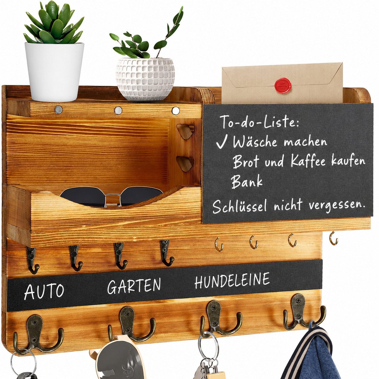 AIMAX Wandgarderobe Schlüsselbrett Schlüsselablage Holz Wand mit Ablage, Haken, (1 St, 37 cm L x 28.5 cm B x 8.5 cm), Schlüsselboard Schlusselhanger