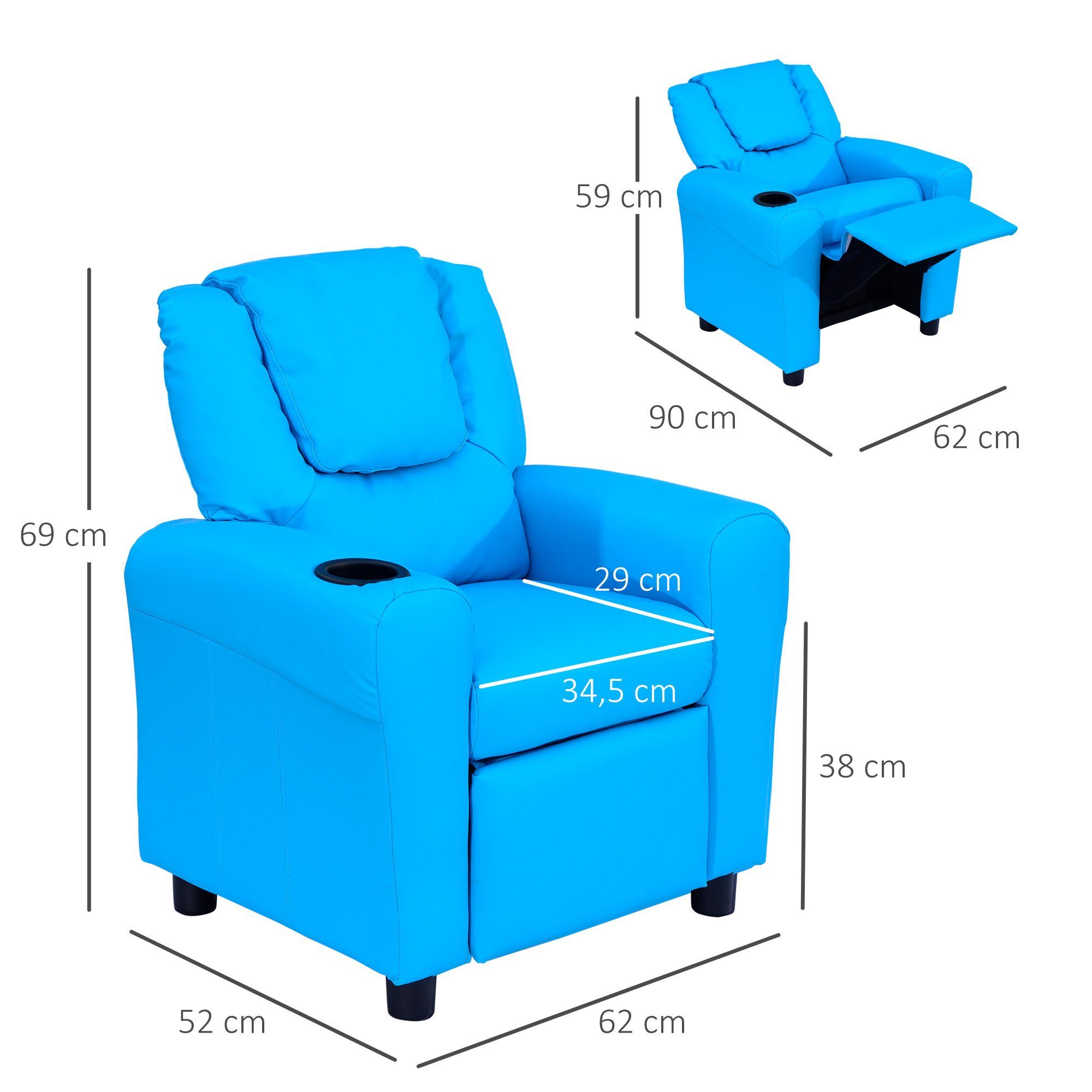 HOMCOM Sessel Kindersessel, Liegefunktion, Eingebauten Becherhalter, Blau (Kindersessel, 1-St., Kindersofa), für Wohnzimmer, Blau