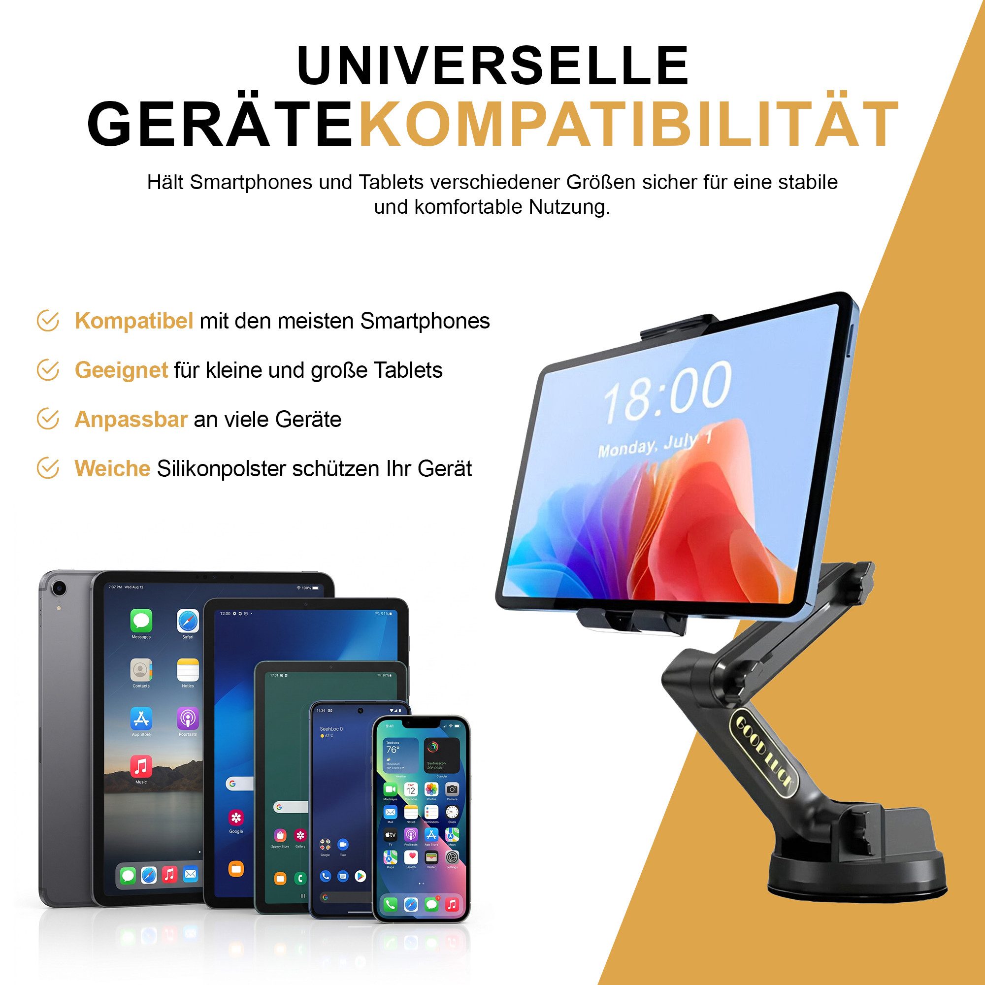 S&T Design Tablet-Halterung Tablet Handy Halterung Wohnmobil 360° KFZ Auto Armaturenbrett Scheibe, (bis 13 Zoll, Langer Arm & Hitzebeständig, Tablet & iPad Halterung, KFZ, LKW, Wohnmobil, Traktor & Baustellenfahrzeuge für Handy & Tablets)