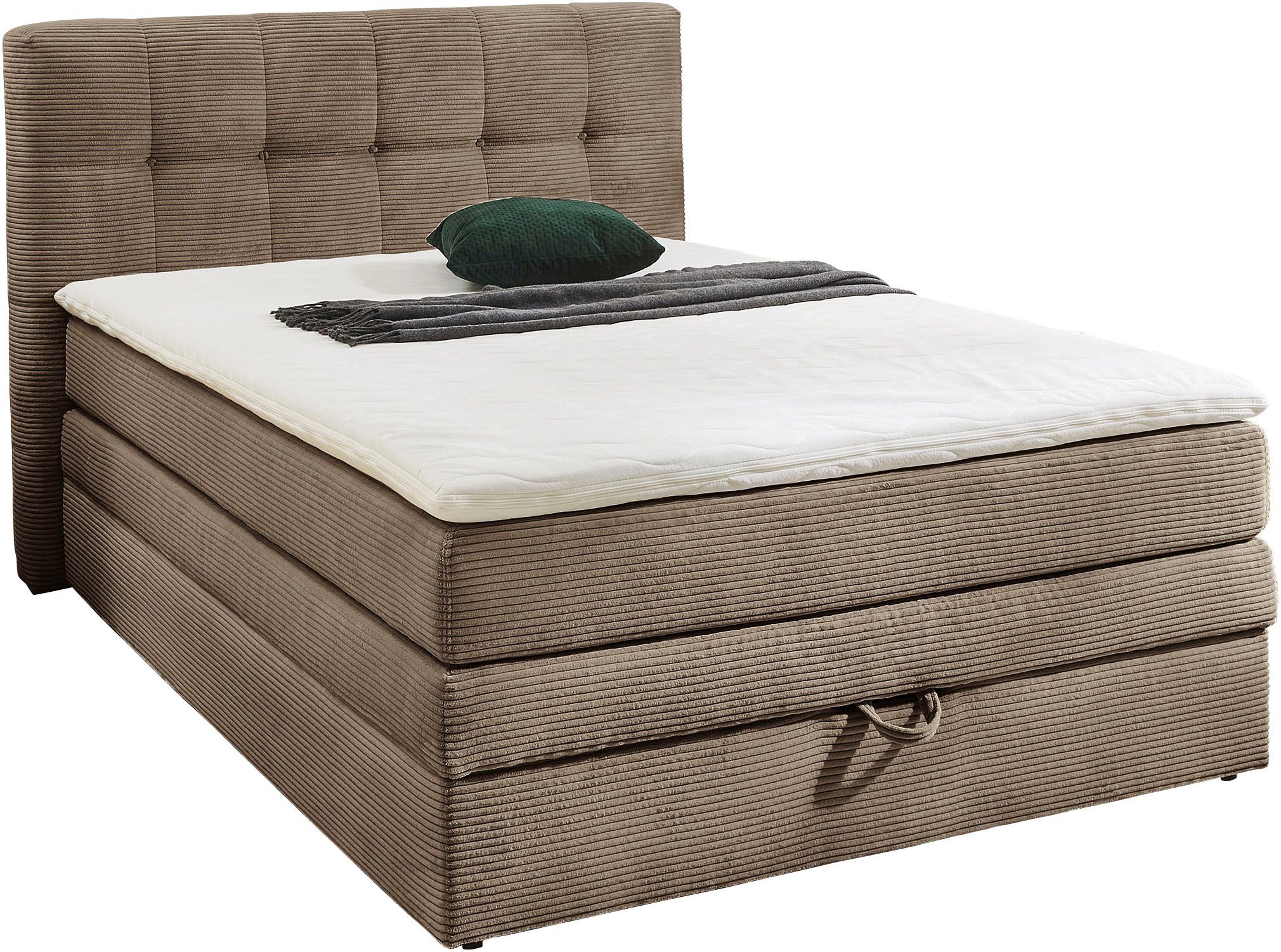 Jockenhöfer Gruppe Boxspringbett AMY in Cord, erhältlich in den Breiten 120cm & 140cm, mit Bettkasten und Topper