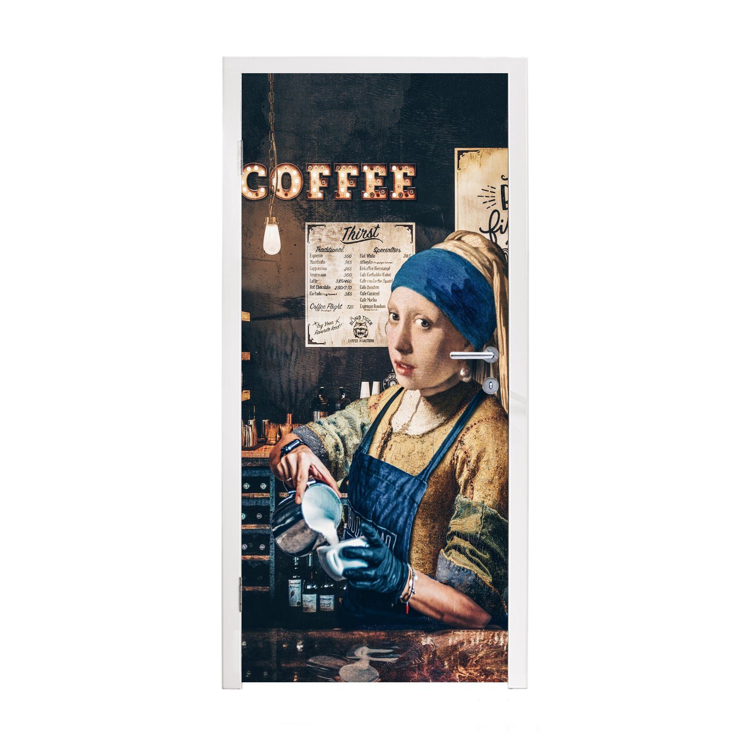MuchoWow Türtapete Mädchen mit Perlenohrring - Cappuccino - Barista - Vermeer - Kaffee -, Matt, bedruckt, (1 St), Fototapete für Tür, Türaufkleber, 75x205 cm | Türtapeten