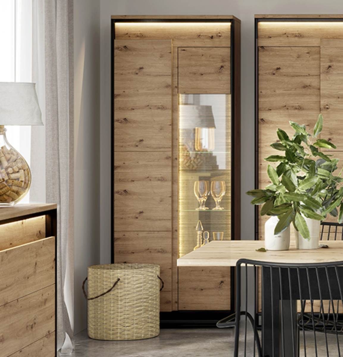 mit Compleo Loft 2-türig mit LIMA, Holzeinlegeböden Glasregalen, Schrank Standregal Vitrine Stil