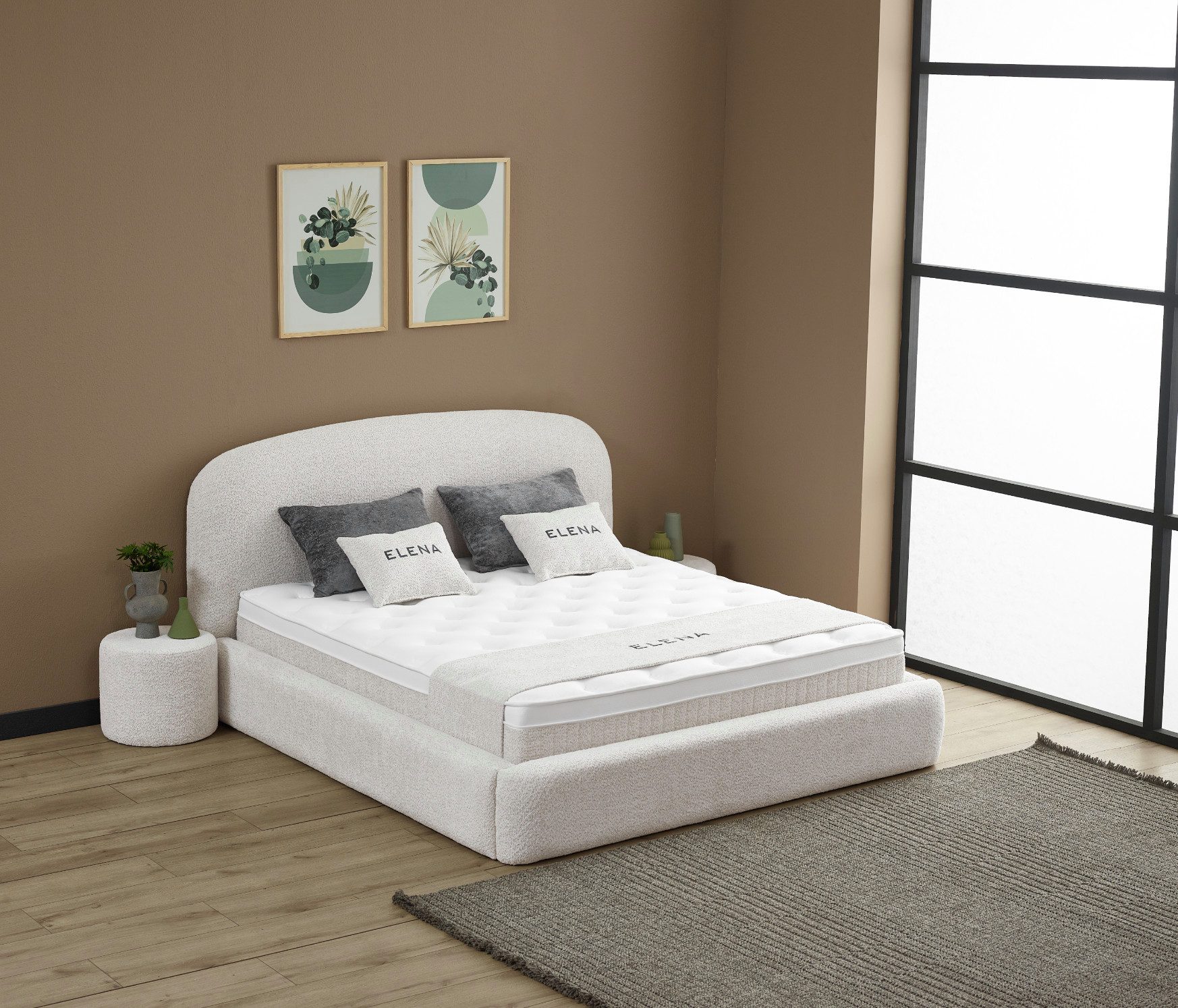 abc bedding Boxspringbett ESILA Voll-orthopädisches Luxusbett in stilvollem Stoff in Creme (3, inkl. Matratze & Topper), Inkl. Matratze mit integriertem Topper
