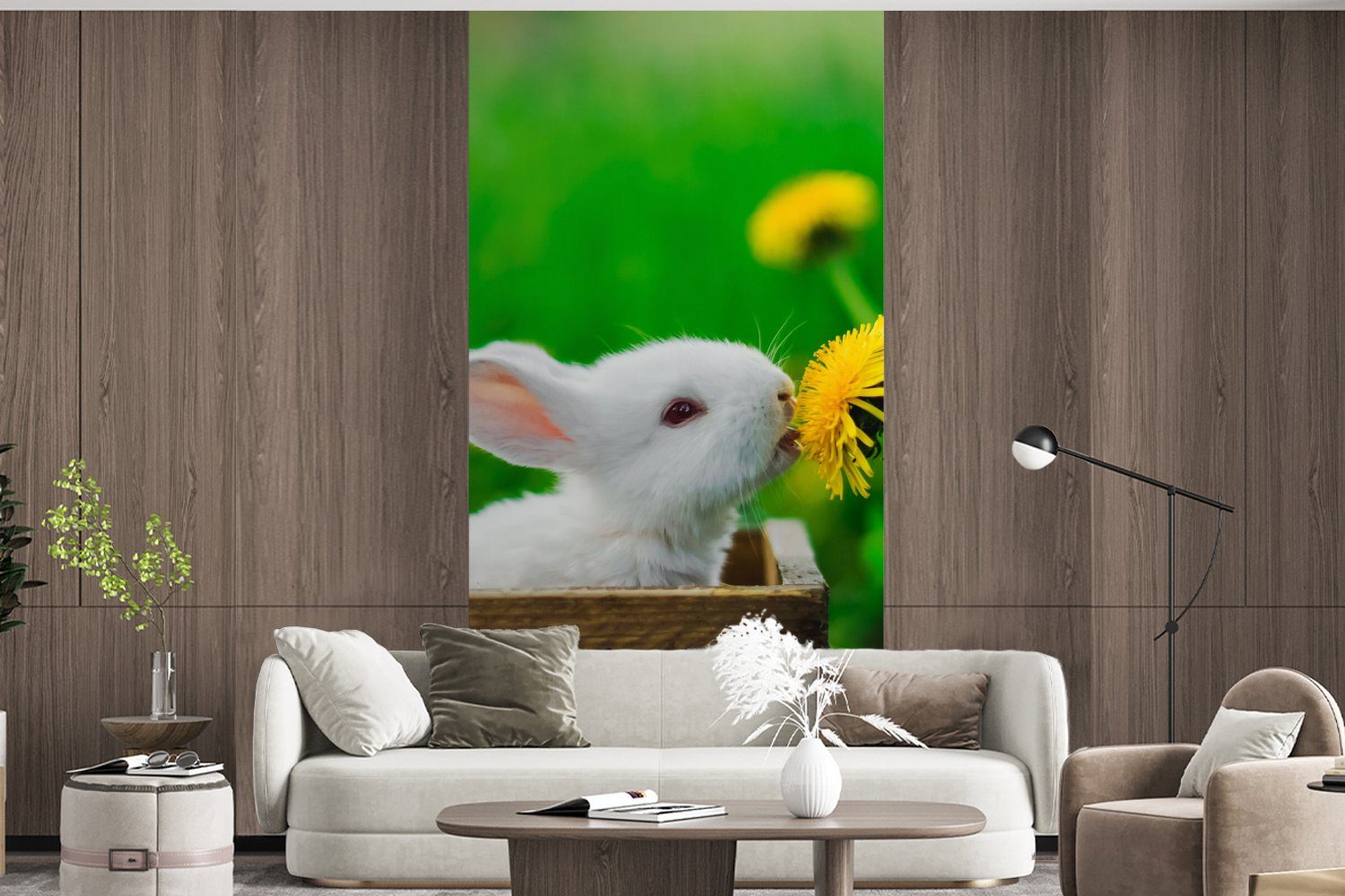 für Wohnzimmer - Kaninchen bedruckt, MuchoWow Matt, (2 Löwenzahn Fototapete Vliestapete Gras, Küche, - St), Fototapete Schlafzimmer