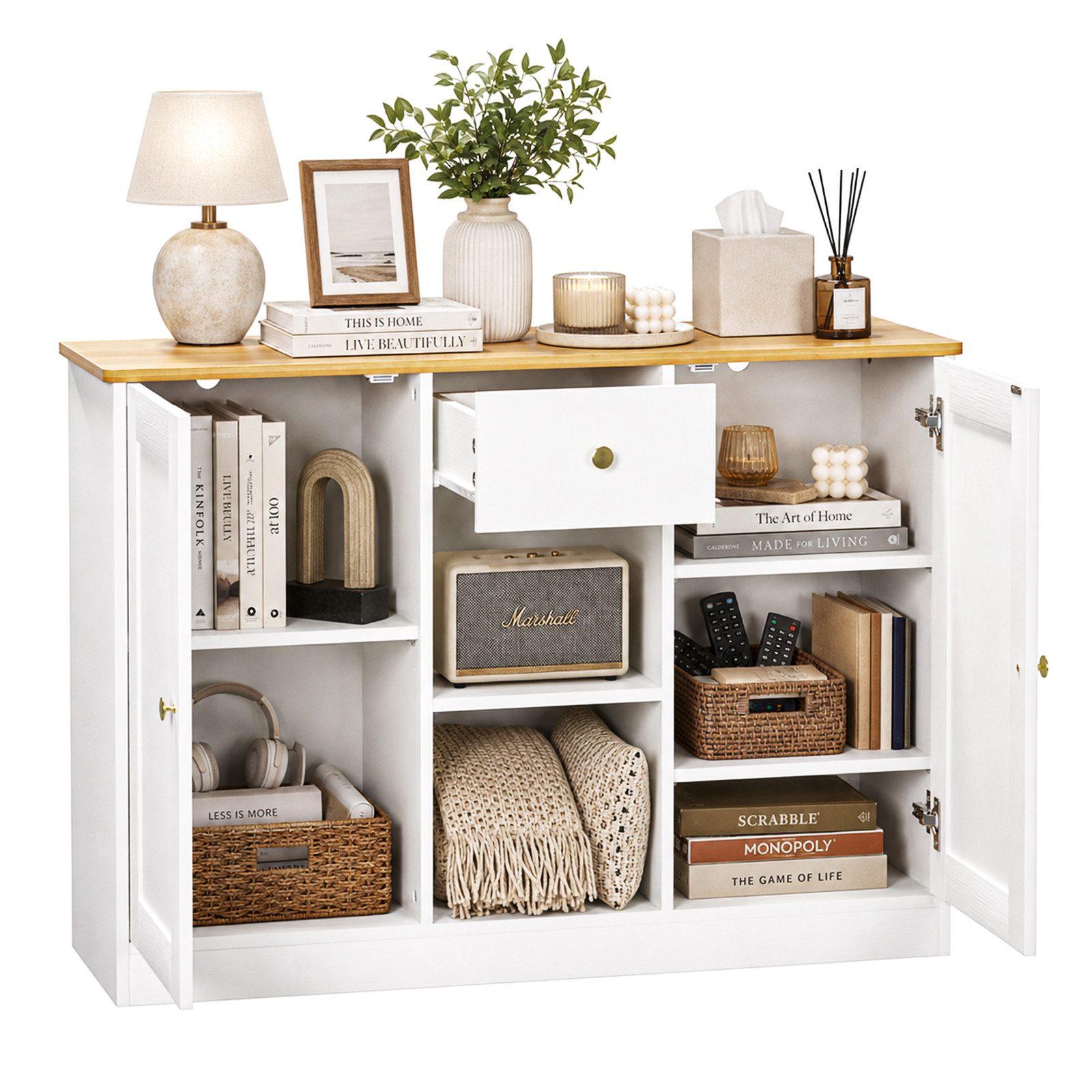 Yorbay Sideboard Buffet mit Doppeltür, 1 Schublade und 2 offenen Regalböden (Set, Weiß und helle Holzfarbe), Weißer Schrank mit 3 goldenen Griffen 117x40x16cm (BxTxH)