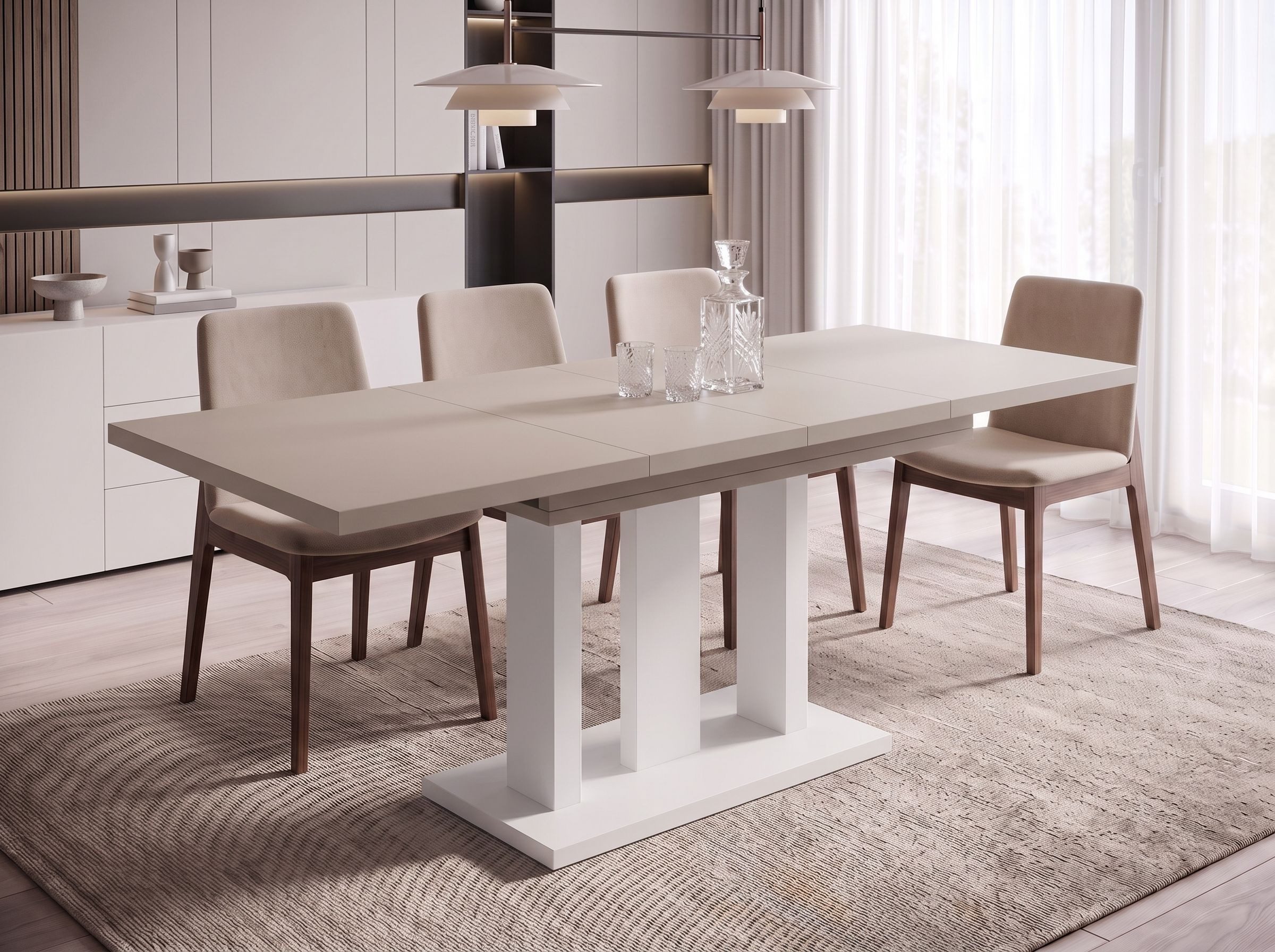 Endo-Moebel Säulen-Esstisch "Appia White" 130-210cm ausziehbar, erweiterbar, modern (1 Tisch), 2 Erweiterungsplatten, für 4, 6 oder 8 Personen, weiße Beine