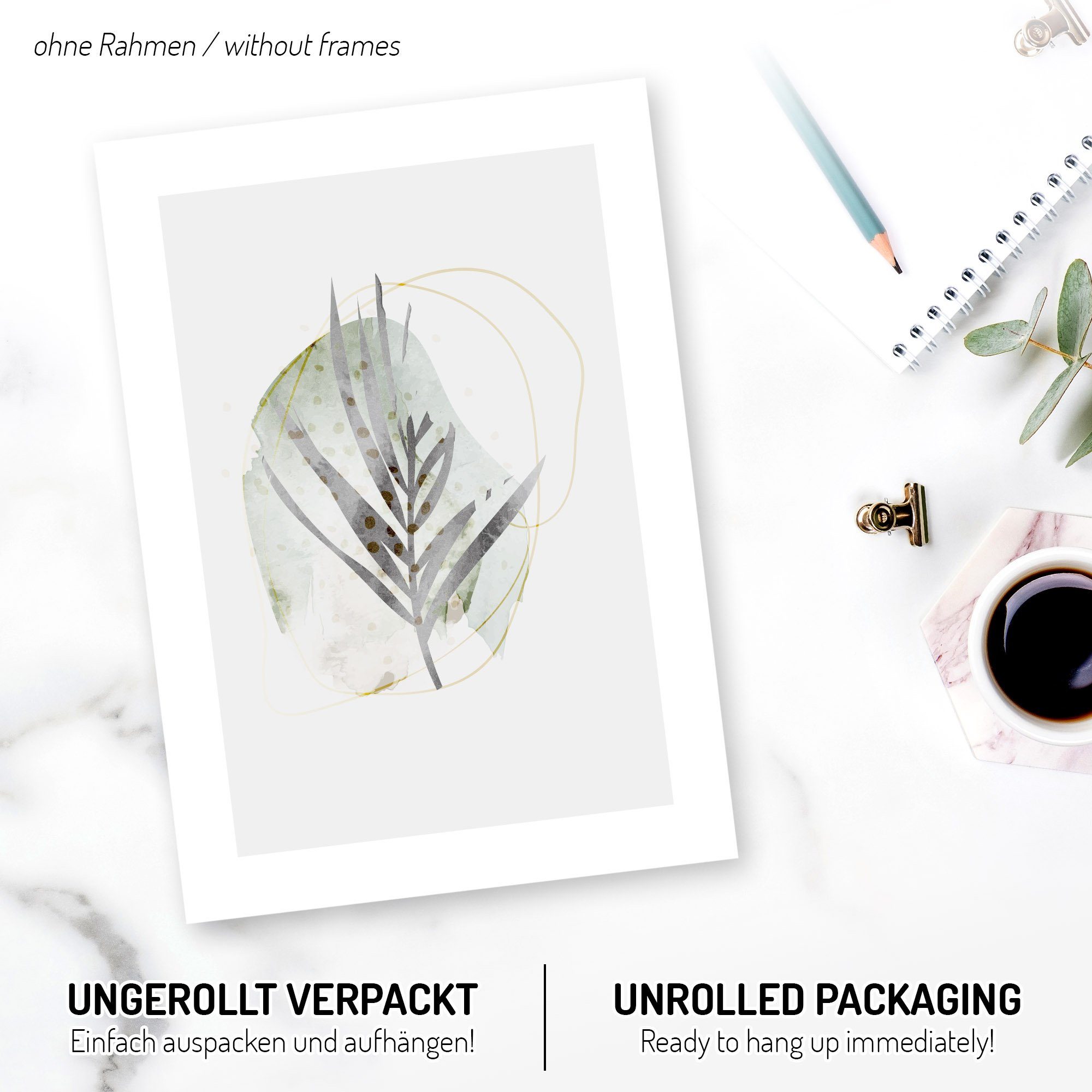 Kreative Feder Poster Floral Natur, Natur (Set, 3 St), 3-teiliges Poster-Set, Wandbild, optional mit Rahmen, DIN A4 oder A3