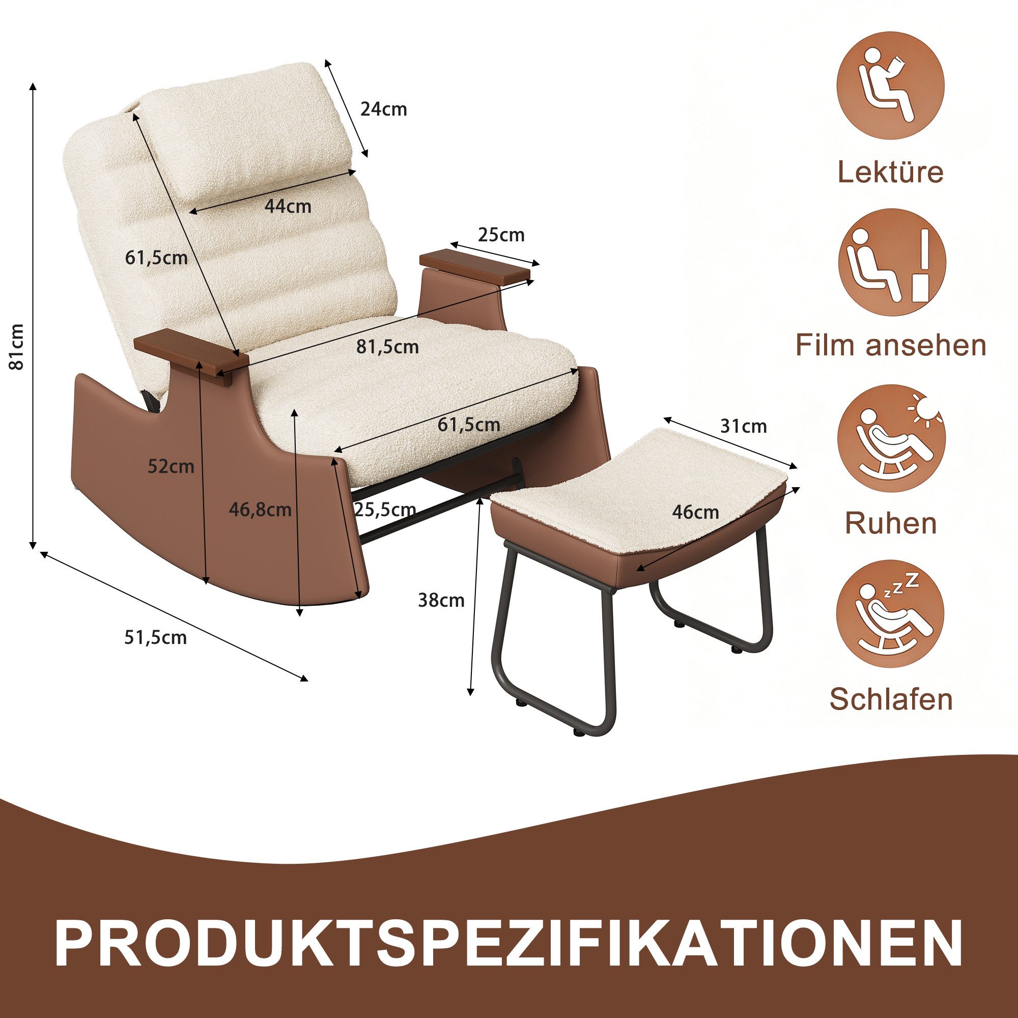 BELUPAI Schaukelstuhl Polster Schaukelsessel, (Set, 1 St), mit Hocker und 3-stufia verstellbare Rückenlehne,Teddystoff,Beige